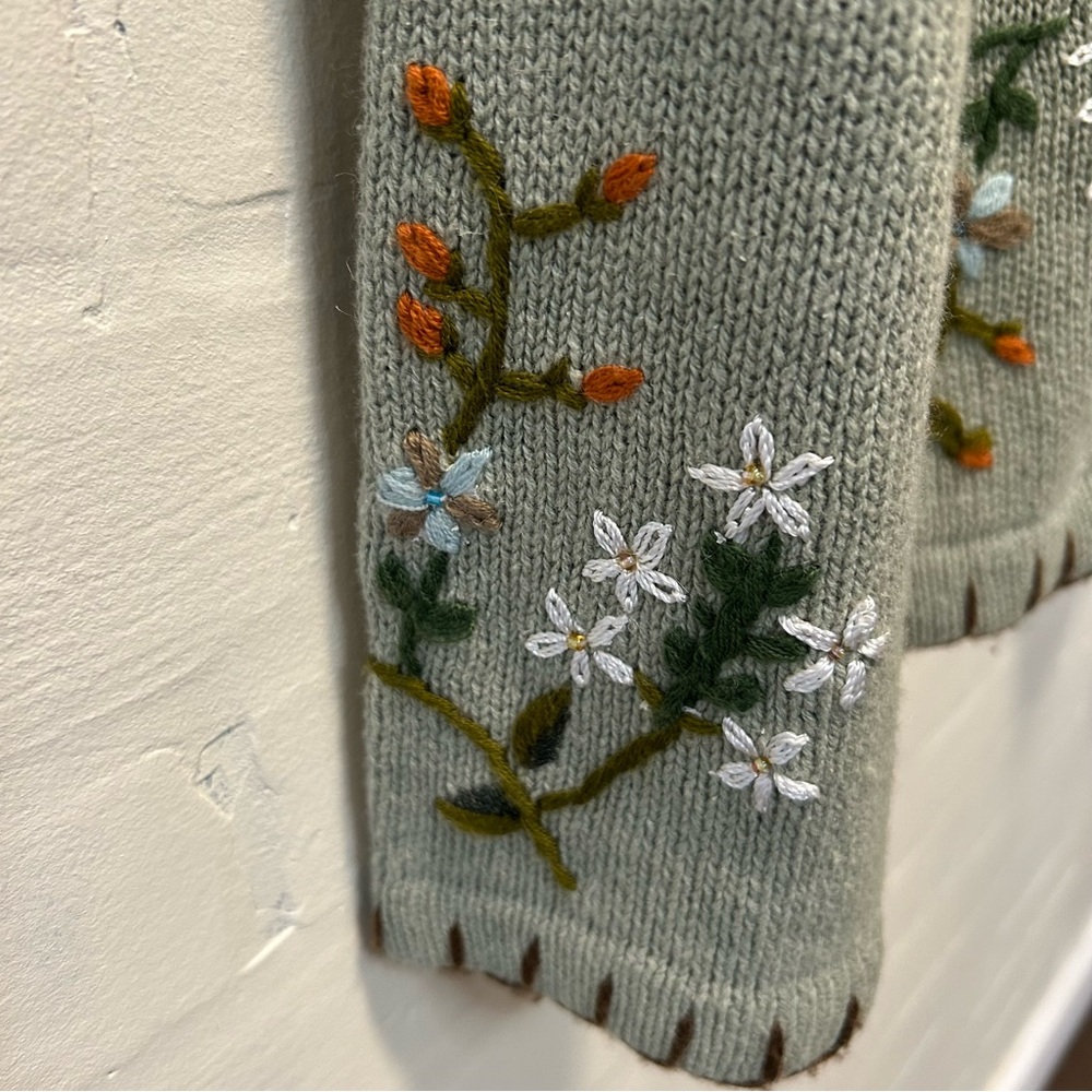 Vtg All Points Sage Green Floral Embroidered V Neck Cottagecore Sweater Sz L - Picture 5 of 7